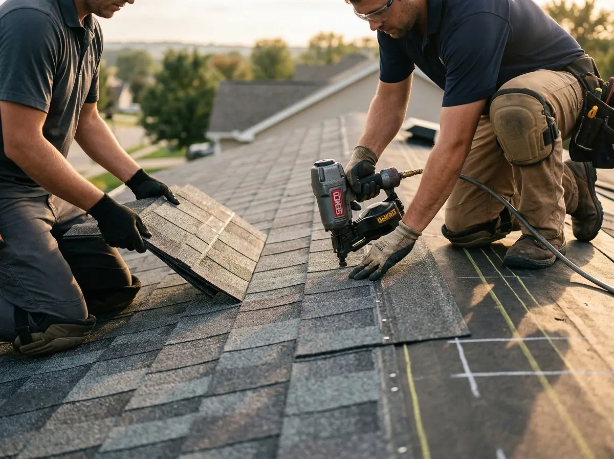 Professional roofer working on a residential roof in Philomath